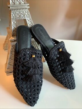 Rope & Co Black Crochet Tassel Mules
